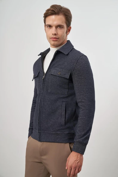 Koyu Lacivert Örme Bebe Yaka Kendinden Desenli Yırtmaçsız Astarsız Slim Fit Classic Mont 1007245158 - Resim 3