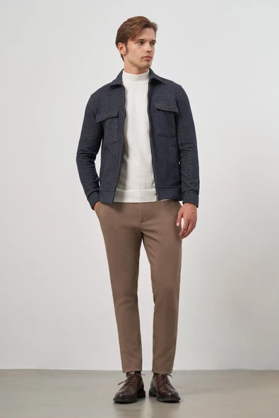 Koyu Lacivert Örme Bebe Yaka Kendinden Desenli Yırtmaçsız Astarsız Slim Fit Classic Mont 1007245158 - Resim 2