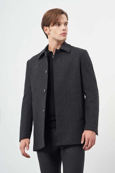 Siyah Kaşe Bebe Yaka Kendinden Desenli Sırt Kapitoneli Astar Comfort Fit Classic Kaban 1008245155 - 3