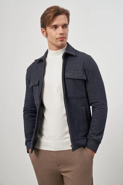 Koyu Lacivert Örme Bebe Yaka Kendinden Desenli Yırtmaçsız Astarsız Slim Fit Classic Mont 1007245158 - Resim 5