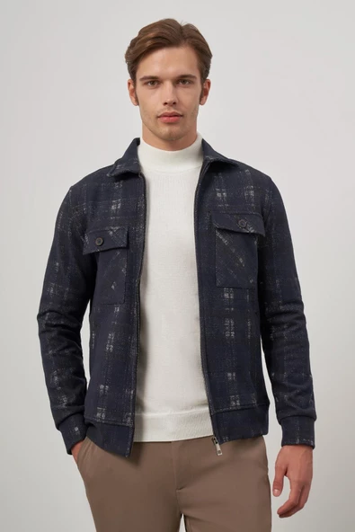 Koyu Lacivert Örme Bebe Yaka Kendinden Desenli Yırtmaçsız Astarsız Slim Fit Classic Mont 1007245157 - Resim 3