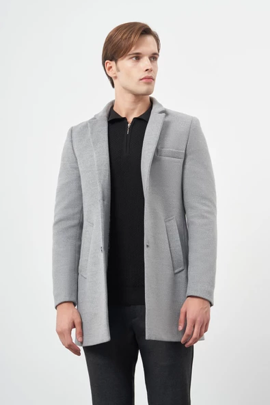 Gri Kaşe Dik Yaka Kapitoneli Astar Slim Fit Dar Kesim Klasik Kaban 1008245171 - 3