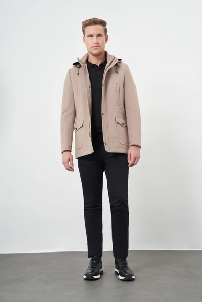 Taş Rengi Kaşe Dik Yaka Astarlı Slim Fit Dar Kesim Klasik Kaban 1008245272 - 4