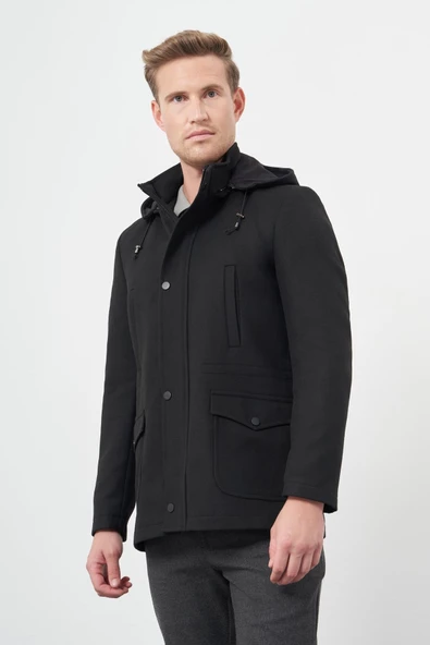 Siyah Kaşe Dik Yaka Astarlı Slim Fit Dar Kesim Klasik Kaban 1008245272 - 3