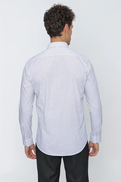 Koyu Lacivert Uzun Kol Baskılı Biritli Yaka  Slim Fit Dar Kesim Klasik Gömlek 1004220922 - Resim 6