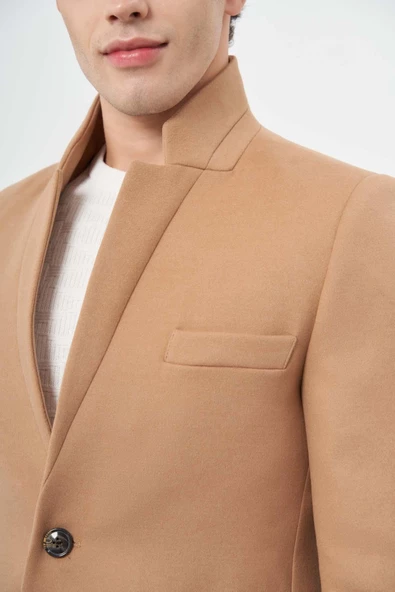 Camel Kaşe Dik Yaka Kapitoneli Astar Slim Fit Dar Kesim Klasik Kaban 1008245171 - 4