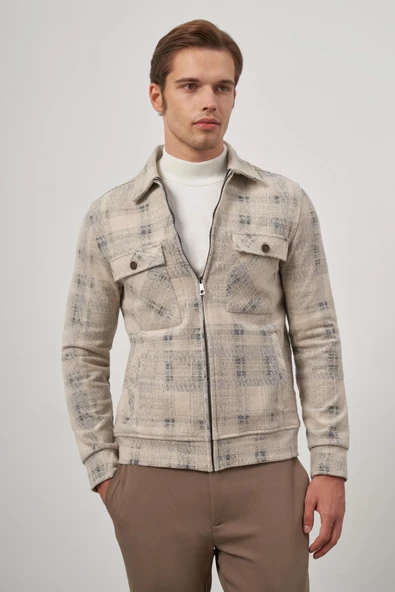 Bej Örme Bebe Yaka Kendinden Desenli Yırtmaçsız Astarsız Slim Fit Classic Mont 1007245157 - Resim 4