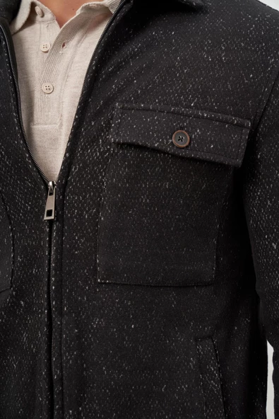 Siyah Örme Bebe Yaka Kendinden Desenli Yırtmaçsız Astarsız Slim Fit Classic Mont 1007245156 - Resim 6