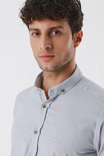 Gri Kısalabilir Kollu Cepsiz Biyeli %100 Pamuk Casual Slim Fit Dar Kesim Gömlek 1004230179 - Resim 5