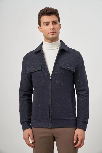Koyu Lacivert Örme Bebe Yaka Kendinden Desenli Yırtmaçsız Astarsız Slim Fit Classic Mont 1007245156 - 5