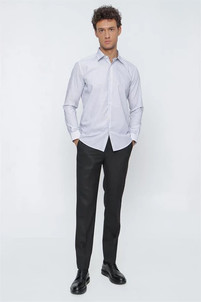 Koyu Lacivert Uzun Kol Baskılı Biritli Yaka  Slim Fit Dar Kesim Klasik Gömlek 1004220922 - Resim 2