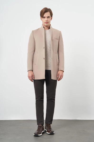 Taş Rengi Kaşe Dik Yaka Kapitoneli Astar Slim Fit Dar Kesim Klasik Kaban 1008245171 - 3