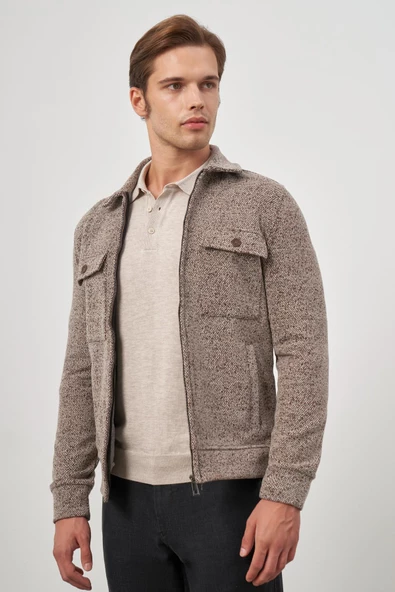 Taba Örme Bebe Yaka Kendinden Desenli Yırtmaçsız Astarsız Slim Fit Classic Mont 1007245156 - Resim 5