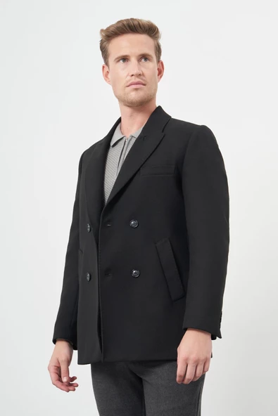 Siyah Kruvaze Kaşe Kılıç Yaka Düz Yırtmaçsız Tam Astar Slim Fit Classic Kaban 1008245152 - 3