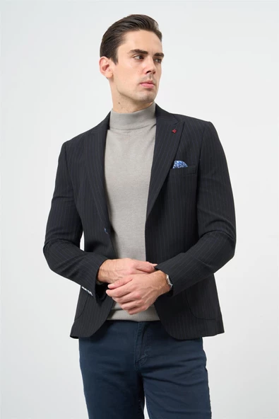 Koyu Lacivert Gofreli Kırlangıç Yaka Likralı 6 Drop Slim Fit Klasik Ceket 1002240111 - Resim 3