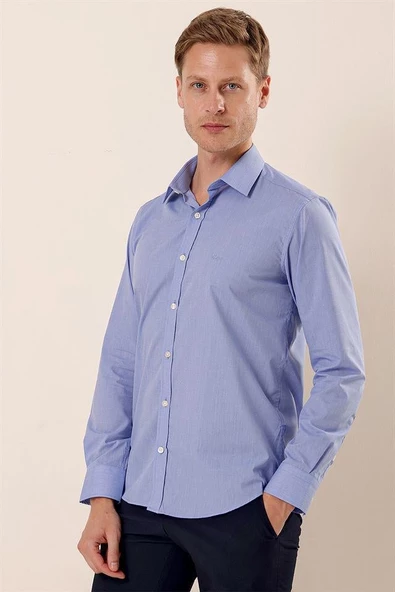 Mavi Uzun Kollu Filafil Desen Filafil Sert Yaka Cepsiz Pamuklu Basic Slim Gömlek 1004230907 - Resim 3