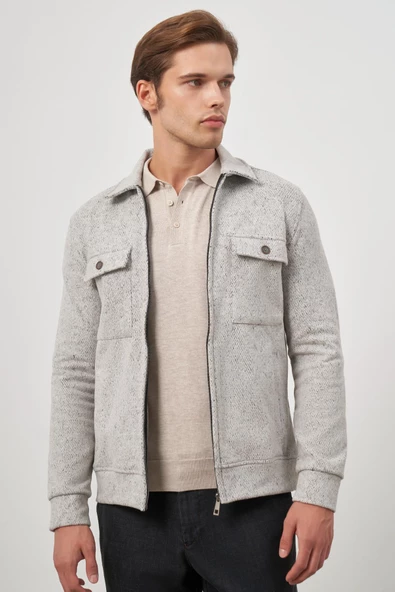 Taş Rengi Örme Bebe Yaka Kendinden Desenli Yırtmaçsız Astarsız Slim Fit Classic Mont 1007245156 - Resim 4