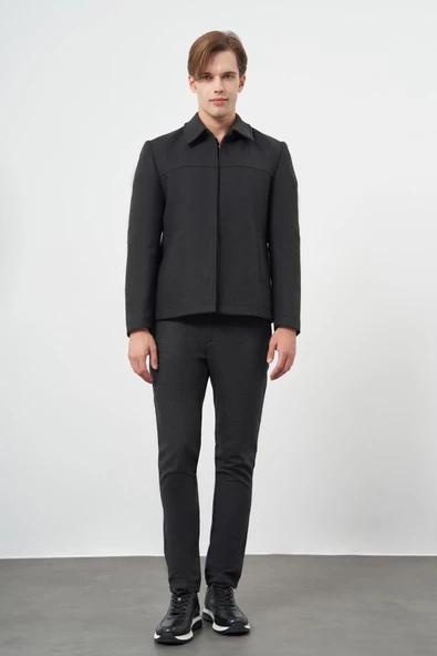 Koyu Antrasit Kaşe Bebe Yaka Düz Yırtmaçsız Tam Astar Slim Fit Classic Mont 1007245121 - 2