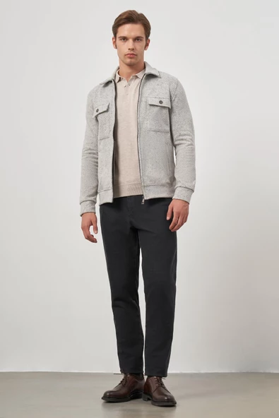 Taş Rengi Örme Bebe Yaka Kendinden Desenli Yırtmaçsız Astarsız Slim Fit Classic Mont 1007245156 - Resim 2