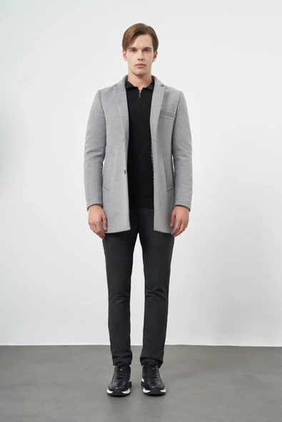 Gri Kaşe Dik Yaka Kapitoneli Astar Slim Fit Dar Kesim Klasik Kaban 1008245171 - 2