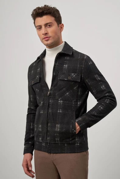 Siyah Örme Bebe Yaka Kendinden Desenli Yırtmaçsız Astarsız Slim Fit Classic Mont 1007245157 - Resim 5