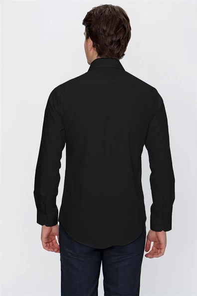Siyah Uzun Kol Sert Yaka  Slim Fit Dar Kesim Basic Gömlek 1004225057 - Resim 5