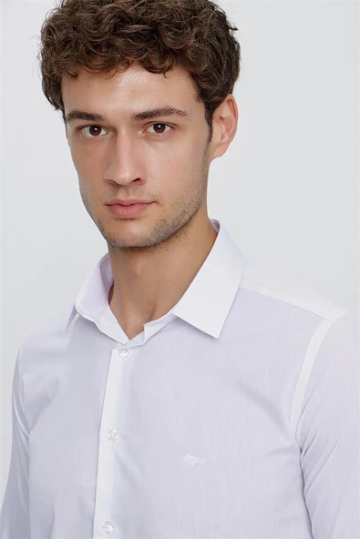 Beyaz Uzun Kol Sert Yaka  Slim Fit Dar Kesim Basic Gömlek 1004225057 - Resim 6