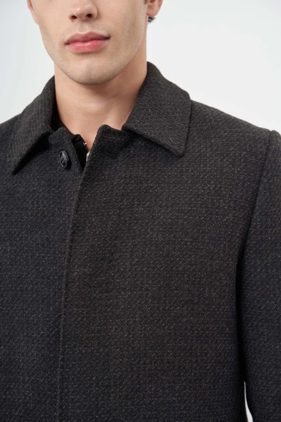 Koyu Antrasit Kaşe Bebe Yaka Kendinden Sırt Kapitoneli Astar Comfort Fit Classic Kaban 1008245154 - 4