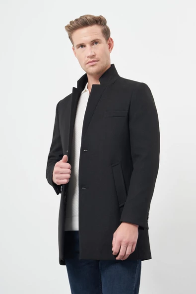 Siyah Kaşe Dik Yaka Kapitoneli Astar Slim Fit Dar Kesim Klasik Kaban 1008245171 - 3