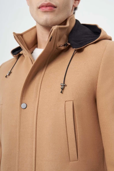 Camel Kaşe Dik Yaka Astarlı Slim Fit Dar Kesim Klasik Kaban 1008245272 - 4