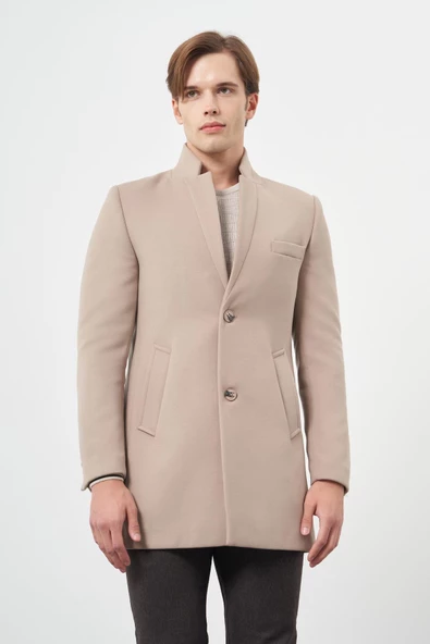 Taş Rengi Kaşe Dik Yaka Kapitoneli Astar Slim Fit Dar Kesim Klasik Kaban 1008245171 - 2