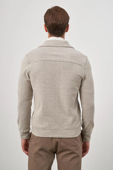 Bej Örme Bebe Yaka Kendinden Desenli Yırtmaçsız Astarsız Slim Fit Classic Mont 1007245158 - Resim 7