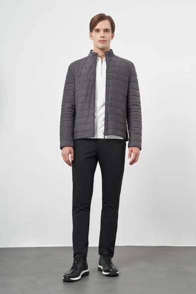 Antrasit Süet Suni Deri Hakim Yaka Düz Yırtmaçsız Tam Astar Slim Fit Casual Deri Mont 1038245150 - Resim 2