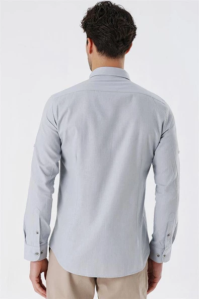 Gri Kısalabilir Kollu Cepsiz Biyeli %100 Pamuk Casual Slim Fit Dar Kesim Gömlek 1004230179 - Resim 6