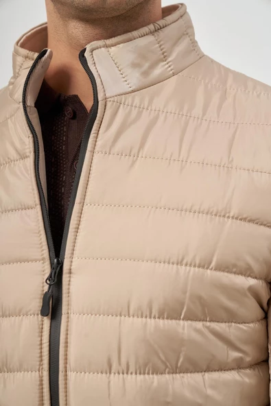 Bej Kapitone Hakim Yaka Düz Yırtmaçsız Tam Astar Slim Fit Classic Mont 1007245155 - Resim 6