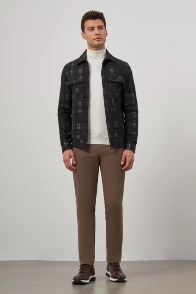 Siyah Örme Bebe Yaka Kendinden Desenli Yırtmaçsız Astarsız Slim Fit Classic Mont 1007245157 - Resim 2