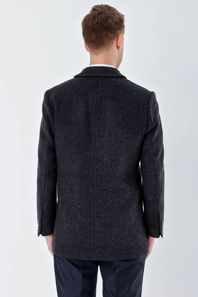 Koyu Lacivert Kaşe Bebe Yaka Desenli Kapitoneli Astar Comfort Fit Rahat Kesim Klasik Kaban 1008235163 - 7