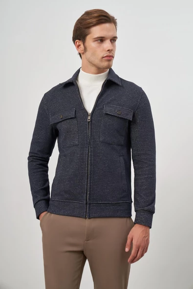 Koyu Lacivert Örme Bebe Yaka Kendinden Desenli Yırtmaçsız Astarsız Slim Fit Classic Mont 1007245158 - Resim 4