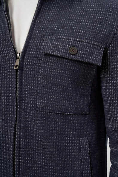 Koyu Lacivert Örme Bebe Yaka Kendinden Desenli Yırtmaçsız Astarsız Slim Fit Classic Mont 1007245158 - Resim 6