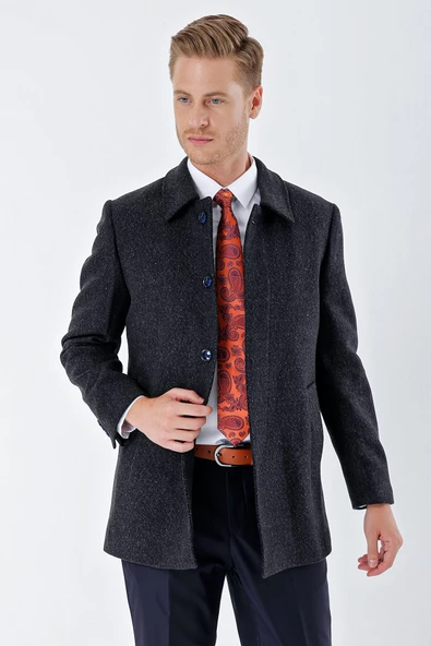 Koyu Lacivert Kaşe Bebe Yaka Desenli Kapitoneli Astar Comfort Fit Rahat Kesim Klasik Kaban 1008235163 - 3