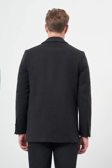 Siyah Kaşe Bebe Yaka Düz Yırtmaçsız Sırt Kapitoneli Astar Comfort Fit Classic Kaban 1008245153 - 5