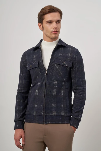 Koyu Lacivert Örme Bebe Yaka Kendinden Desenli Yırtmaçsız Astarsız Slim Fit Classic Mont 1007245157