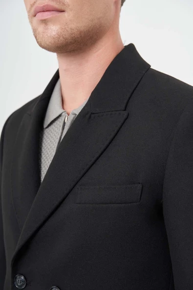 Siyah Kruvaze Kaşe Kılıç Yaka Düz Yırtmaçsız Tam Astar Slim Fit Classic Kaban 1008245152 - 4