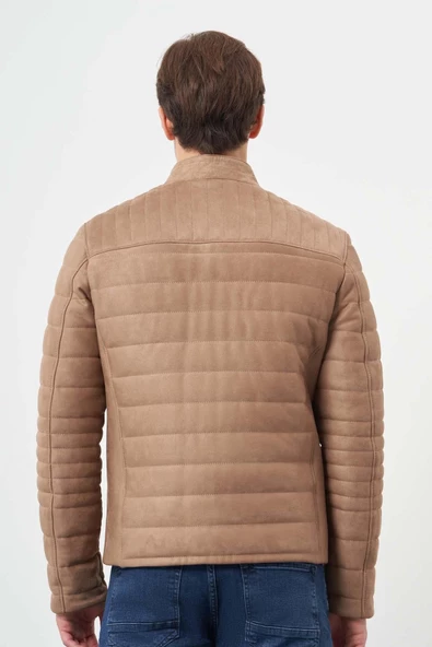 Sütlü Kahverengi Suni Deri Hakim Yaka Düz Yırtmaçsız Tam Astar Slim Fit Casual Deri Mont 1038245150 - 7