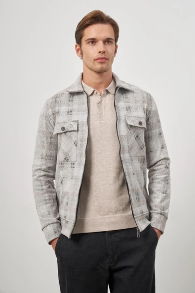 Taş Rengi Örme Bebe Yaka Kendinden Desenli Yırtmaçsız Astarsız Slim Fit Classic Mont 1007245157 - Resim 5