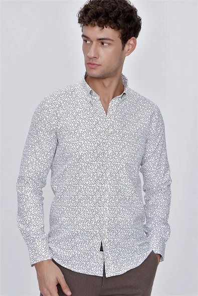 Koyu Bej Uzun Kol Baskılı Balıksırtı Düğmeli Yaka  Pamuklu Slim Fit Dar Kesim Klasik Gömlek 1004225911 - 5