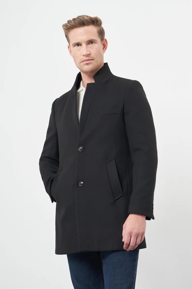 Siyah Kaşe Dik Yaka Kapitoneli Astar Slim Fit Dar Kesim Klasik Kaban 1008245171