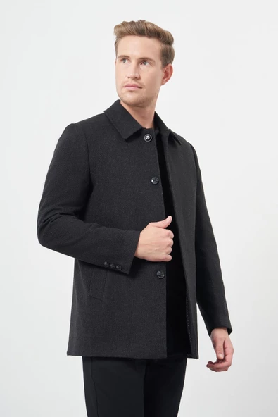 Siyah Kaşe Bebe Yaka Düz Yırtmaçsız Sırt Kapitoneli Astar Comfort Fit Classic Kaban 1008245153 - 3