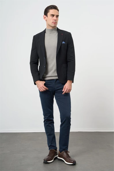 Koyu Lacivert Gofreli Kırlangıç Yaka Likralı 6 Drop Slim Fit Klasik Ceket 1002240111 - Resim 5