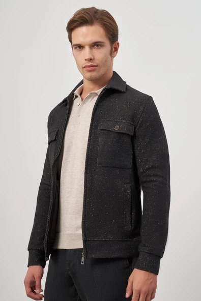 Siyah Örme Bebe Yaka Kendinden Desenli Yırtmaçsız Astarsız Slim Fit Classic Mont 1007245156 - Resim 5